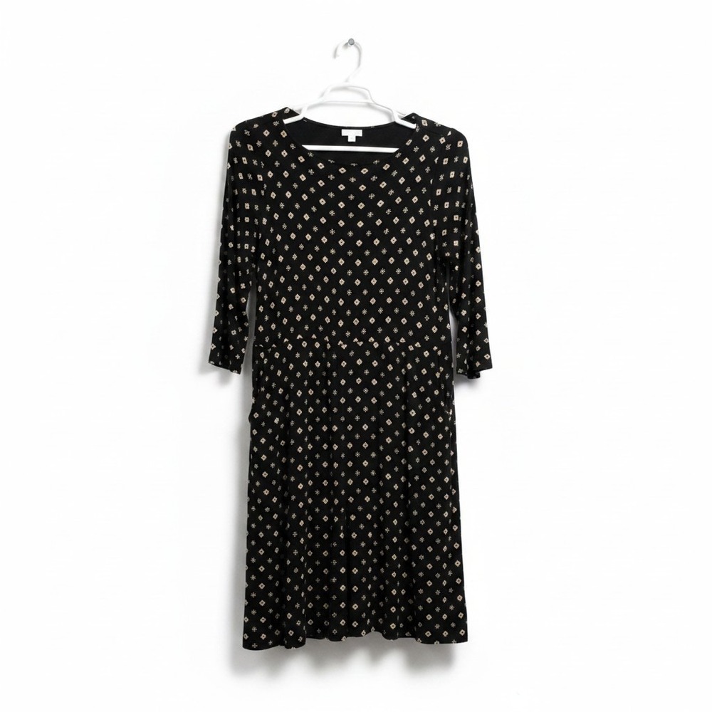 J Jill Women's Large Black Beige Red Patterns Pockets 3/4 Sleeve Jersey Dress